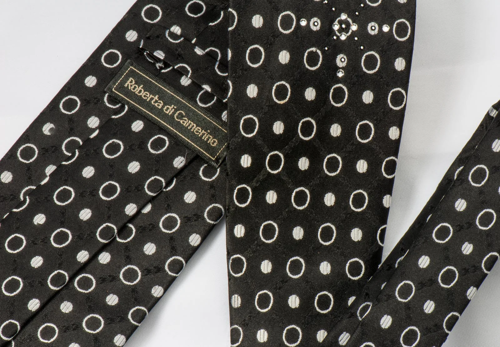 Roberta Di Camerino Men's Woven Silk Necktie Silver Dots On Black With Rhinestones - Image 5