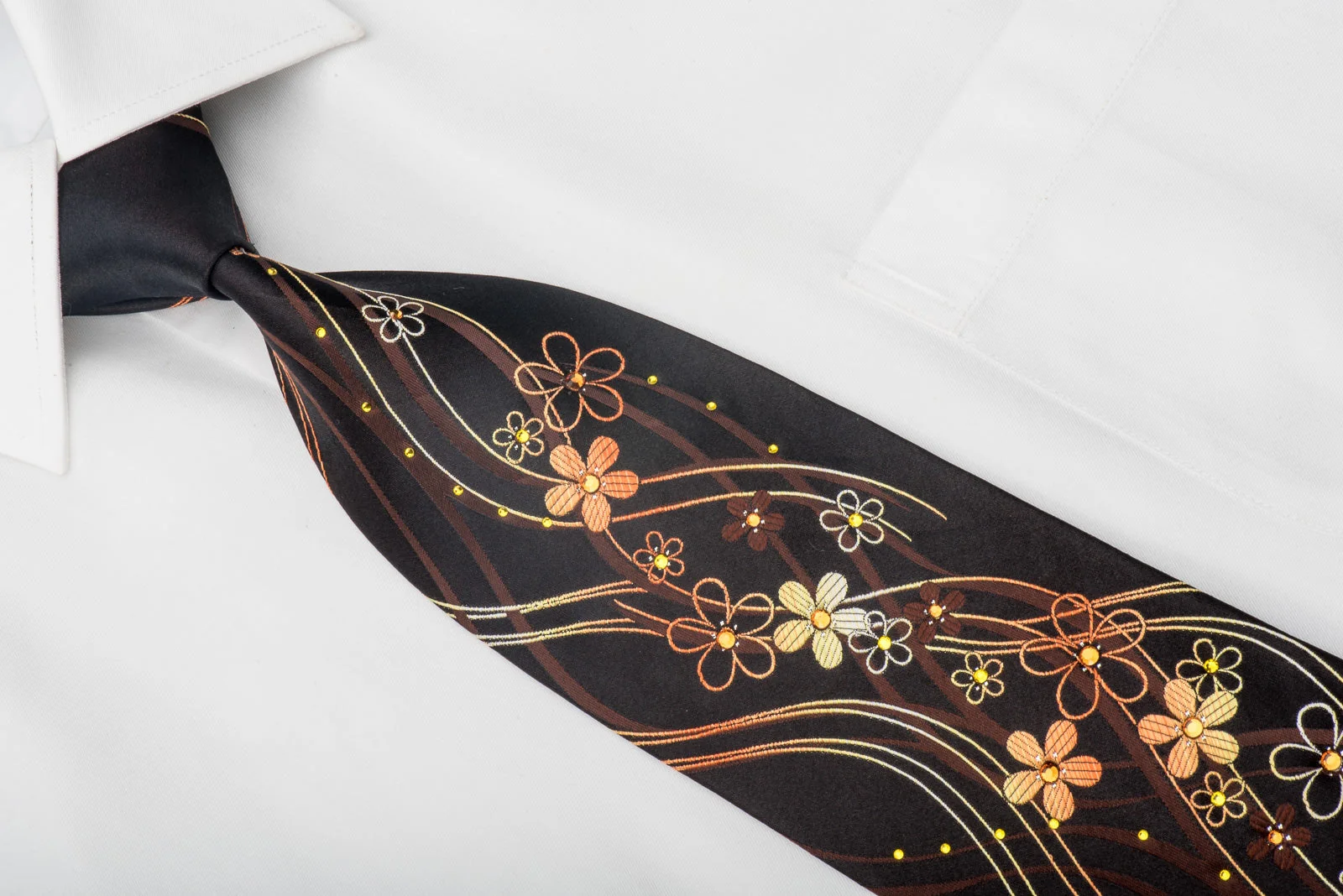Roberta di Camerino Mens Crystal Silk Tie Floral Waves On Dark Brown With Sparkles - Image 2