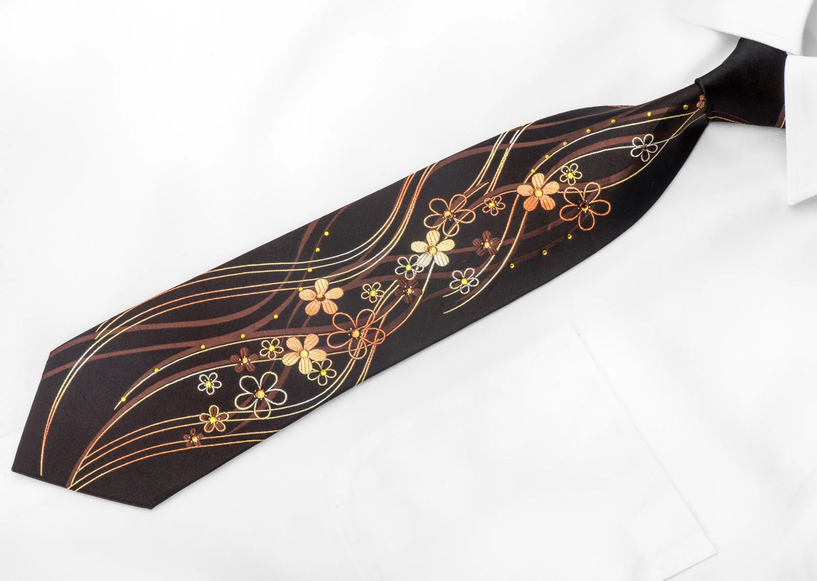 Roberta di Camerino Mens Crystal Silk Tie Floral Waves On Dark Brown With Sparkles - Image 3