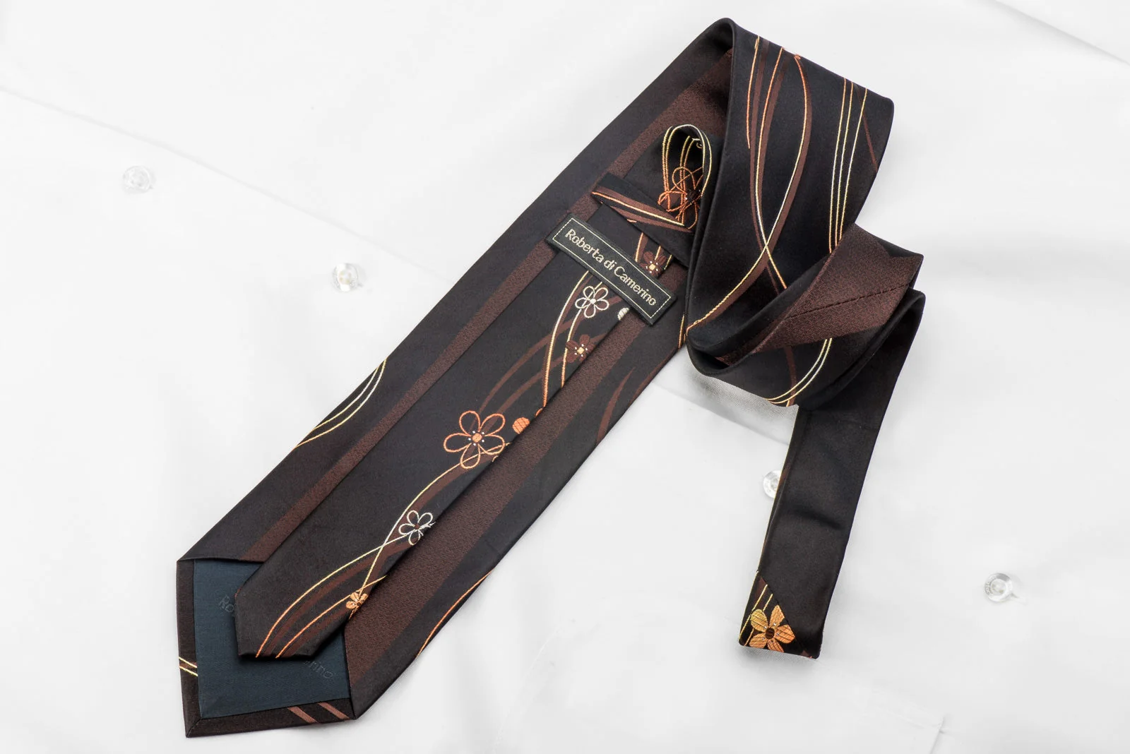Roberta di Camerino Mens Crystal Silk Tie Floral Waves On Dark Brown With Sparkles - Image 4