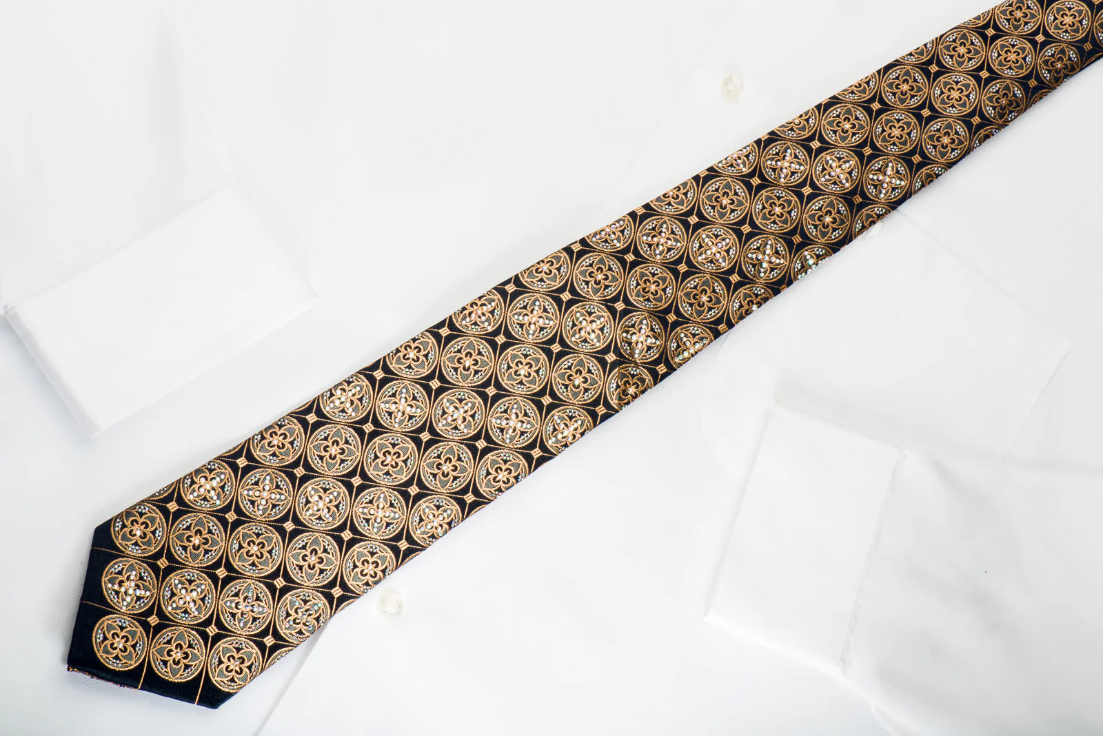 Roberta di Camerino Mens Rhinestone Silk Necktie Golden Medallions On Navy With Silver Sparkles - Image 3