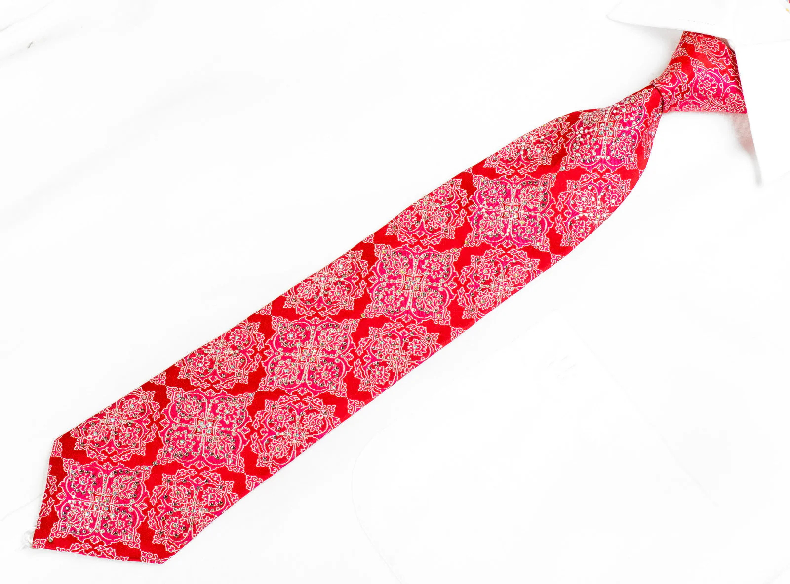Roberta di Camerino Mens Silk Rhinestone Necktie Damask On Red - Image 3