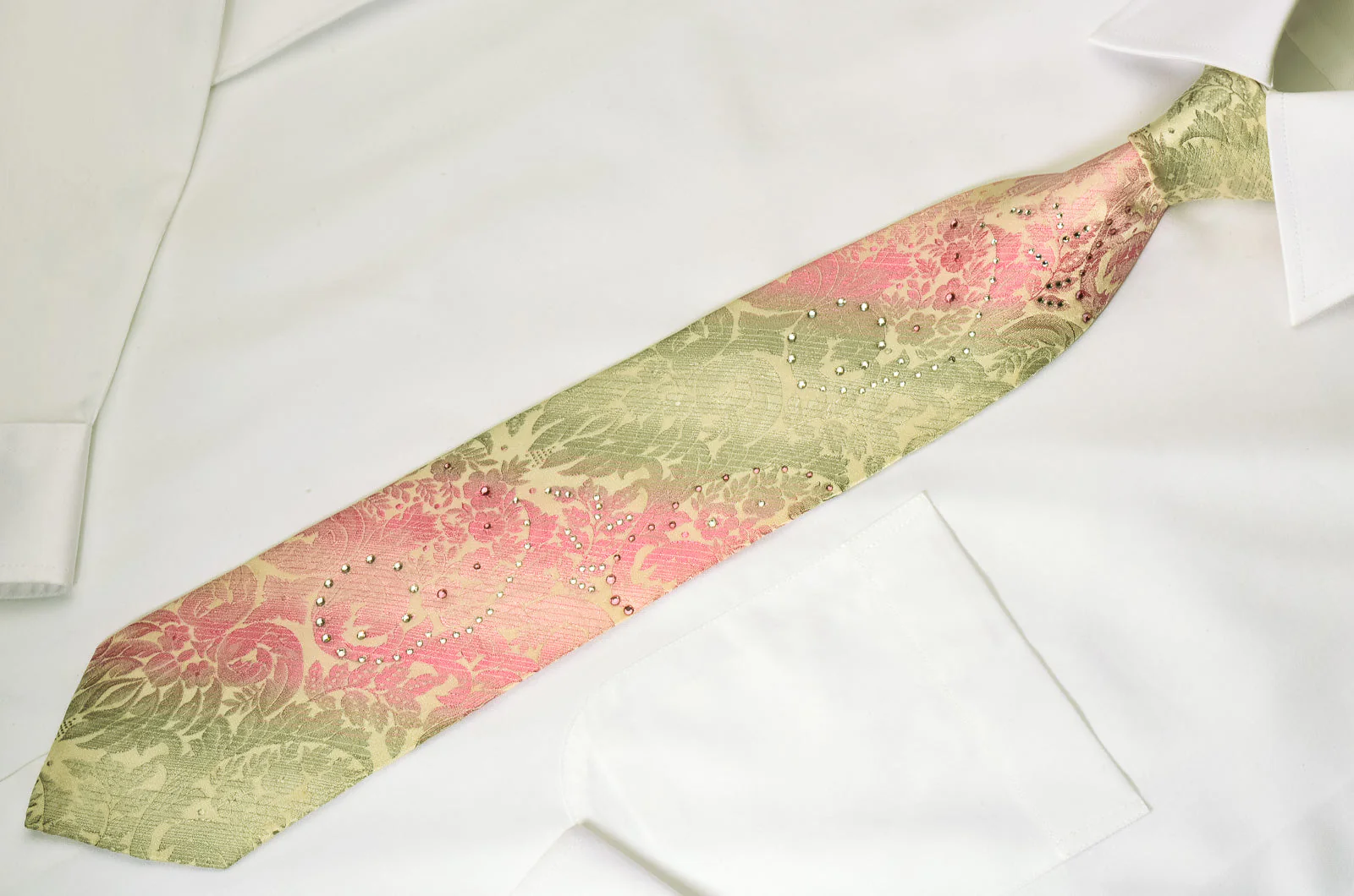 Roberta di Camerino Rhinestone Necktie Silver Pink Floral On White - Image 2