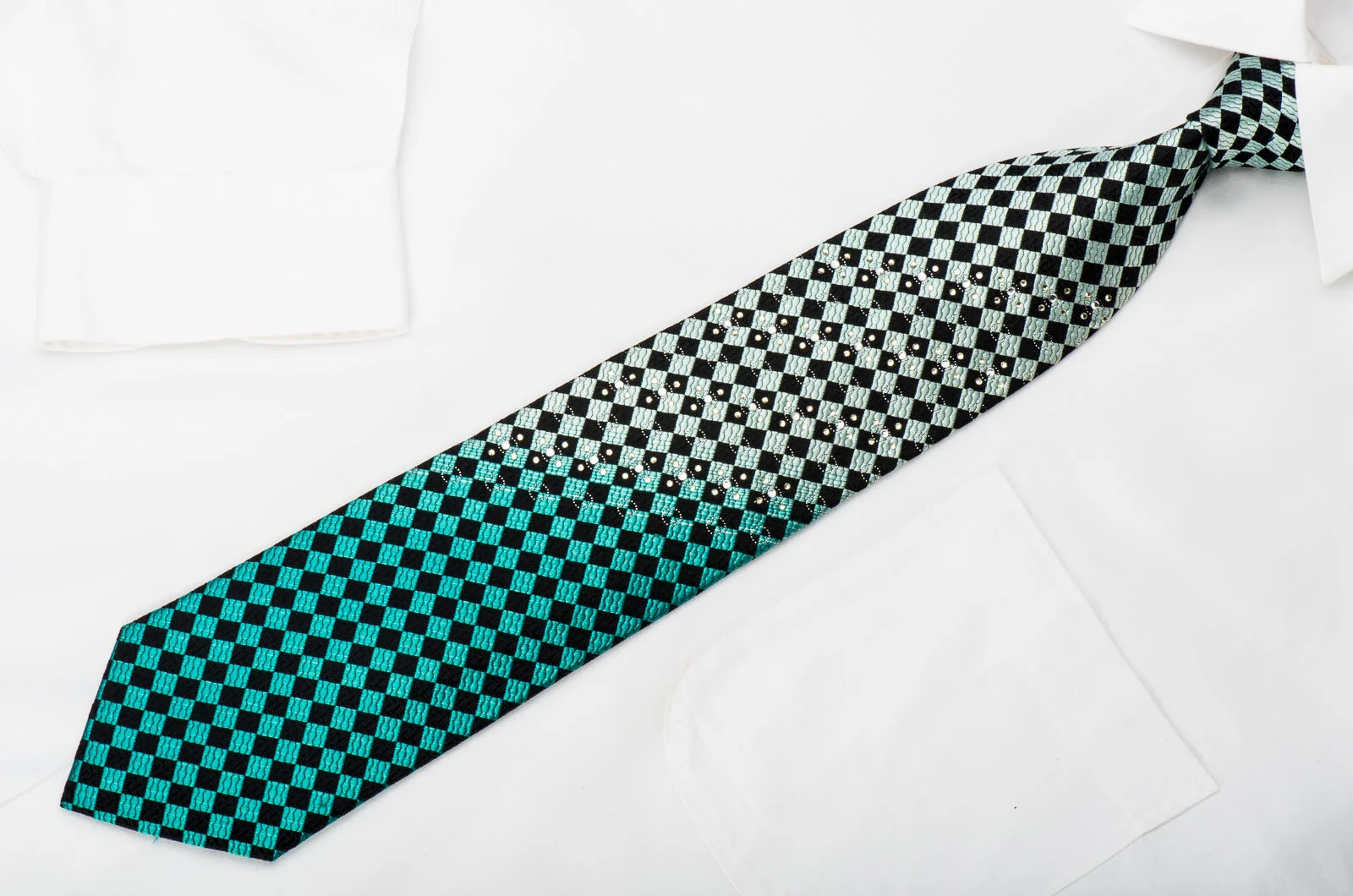Roberta di Camerino Mens Rhinestone Necktie Turquoise Black Checker With Sparkles - Image 5