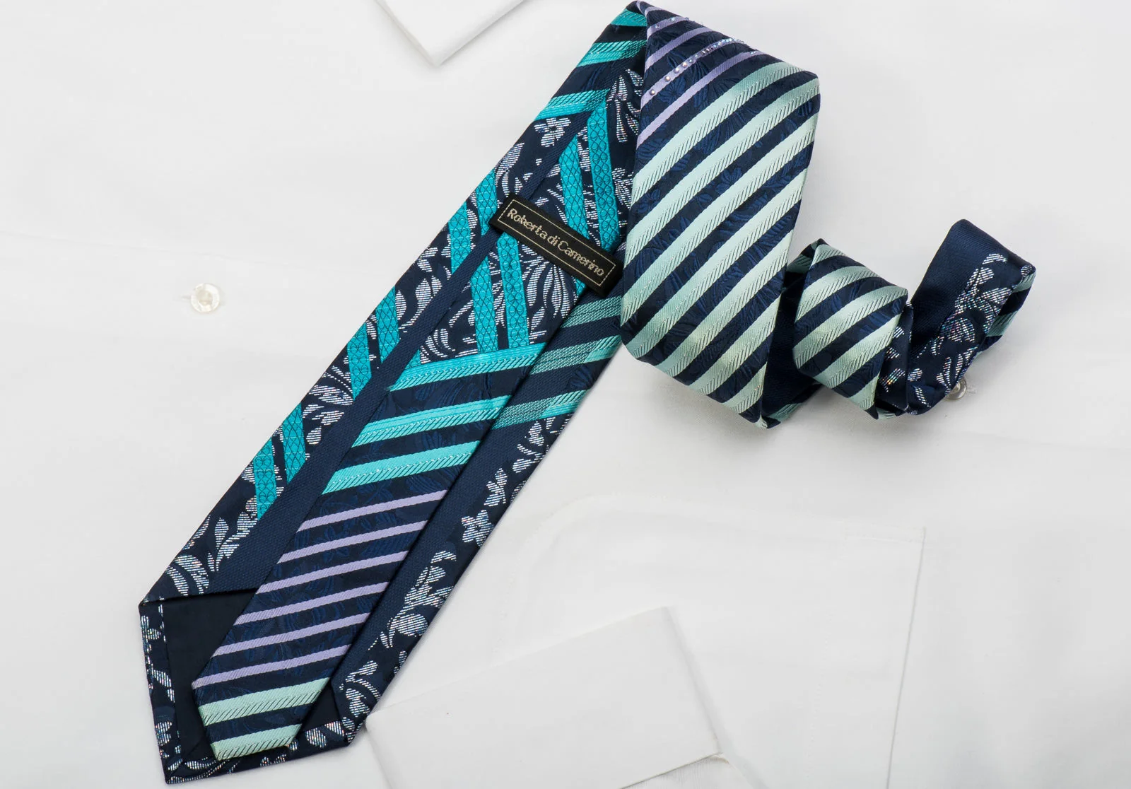 Roberta di Camerino Rhinestone Silk Necktie Blue Stripes & Silver Acanthus On Blue - Image 4