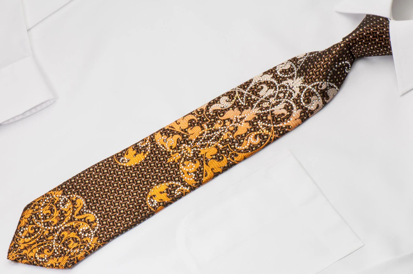 Roberta di Camerino Rhinestone Silk Necktie Bronze Orange Damask On Brown - Image 2