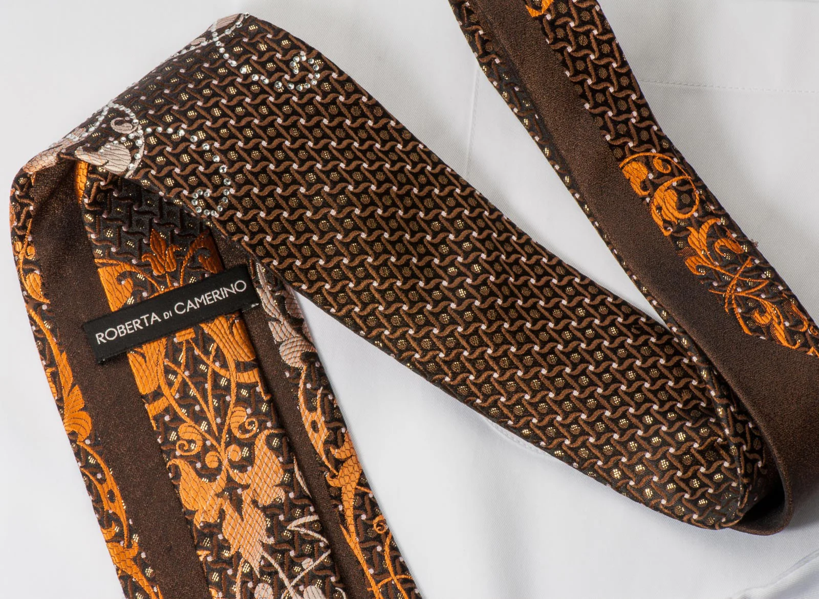 Roberta di Camerino Rhinestone Silk Necktie Bronze Orange Damask On Brown - Image 3