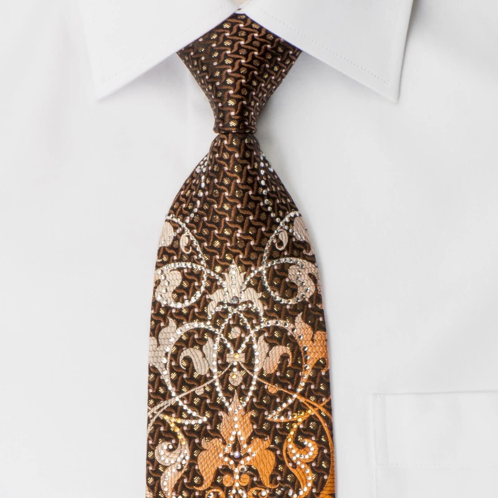 Roberta di Camerino Rhinestone Silk Necktie Bronze Orange Damask On Brown - Image 4