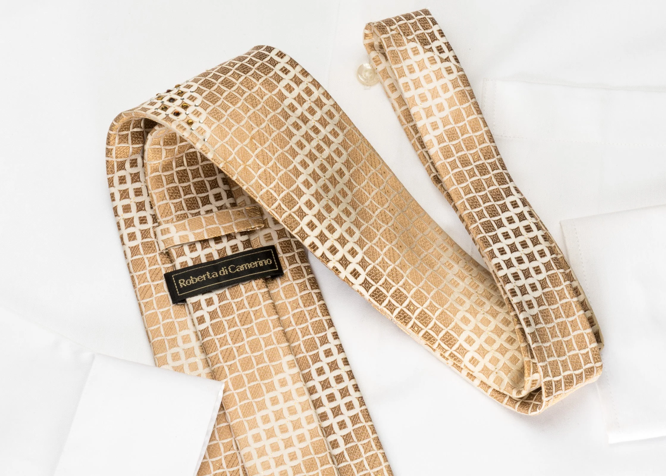 Roberta di Camerino Rhinestone Silk Necktie Golden Brown Checker On Beige With Sparkles - Image 5
