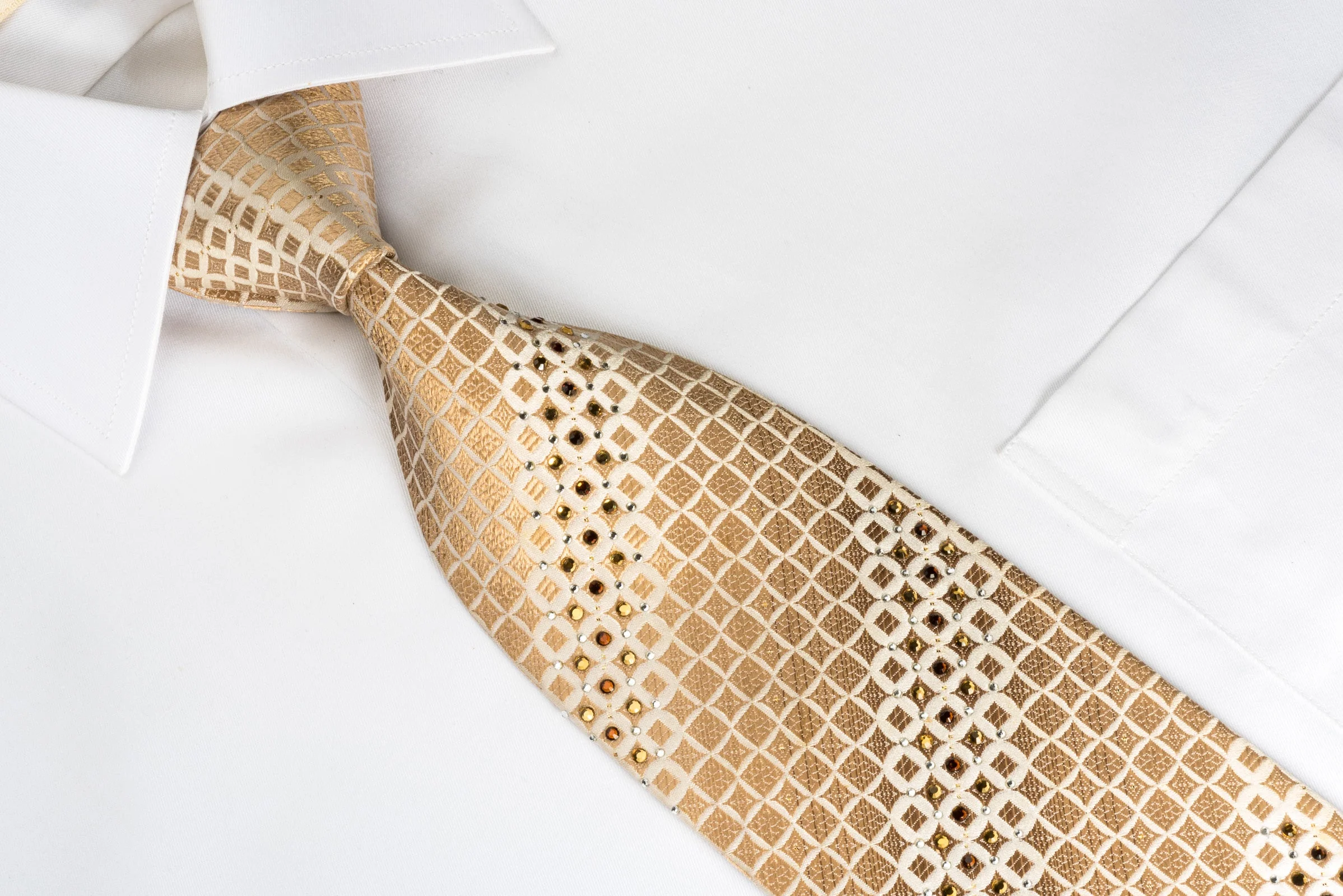 Roberta di Camerino Rhinestone Silk Necktie Golden Brown Checker On Beige With Sparkles - Image 8