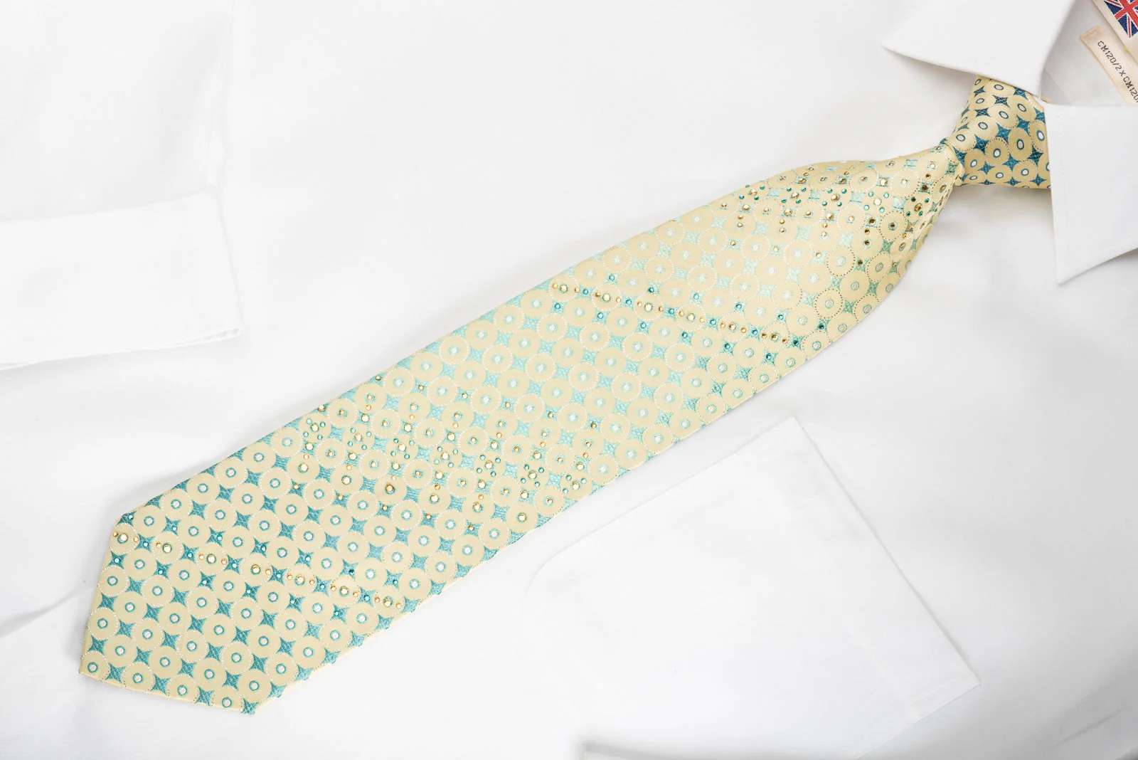 Roberta di Camerino Rhinestone Silk Necktie Green Geometric On Yellow With Sparkles - Image 5