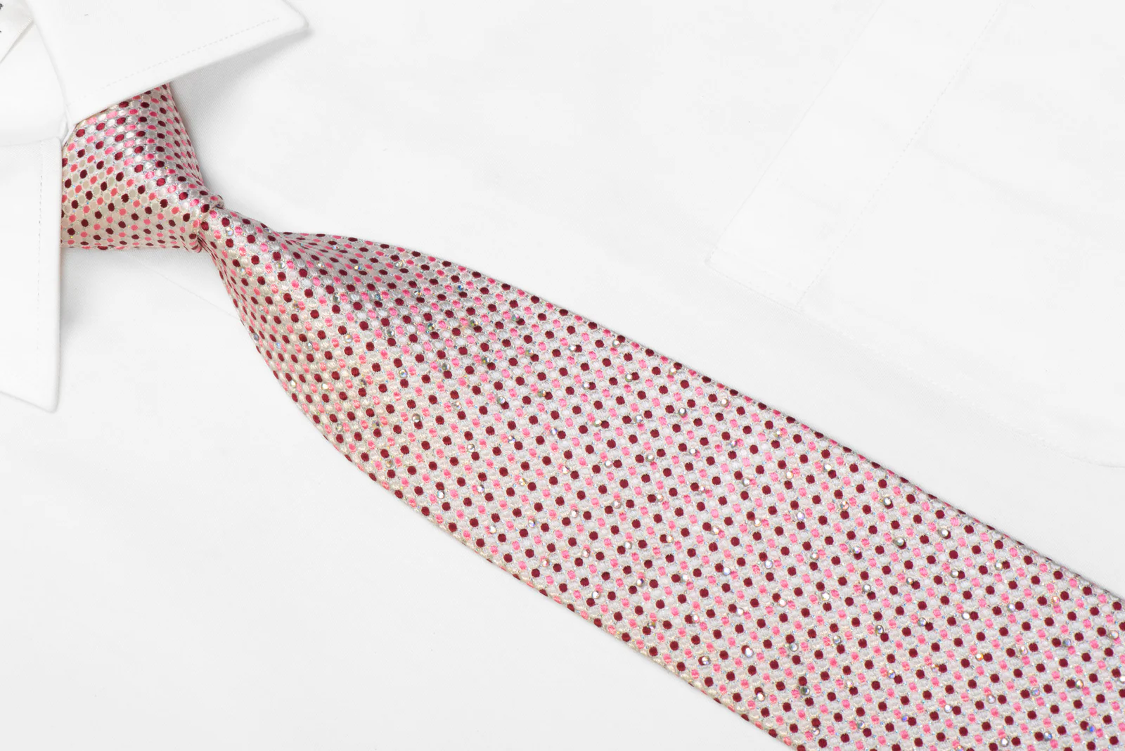 Rhinestone Silk Necktie Pink Burgundy Dots On White With Sparkles By Roberta di Camerino - Image 2