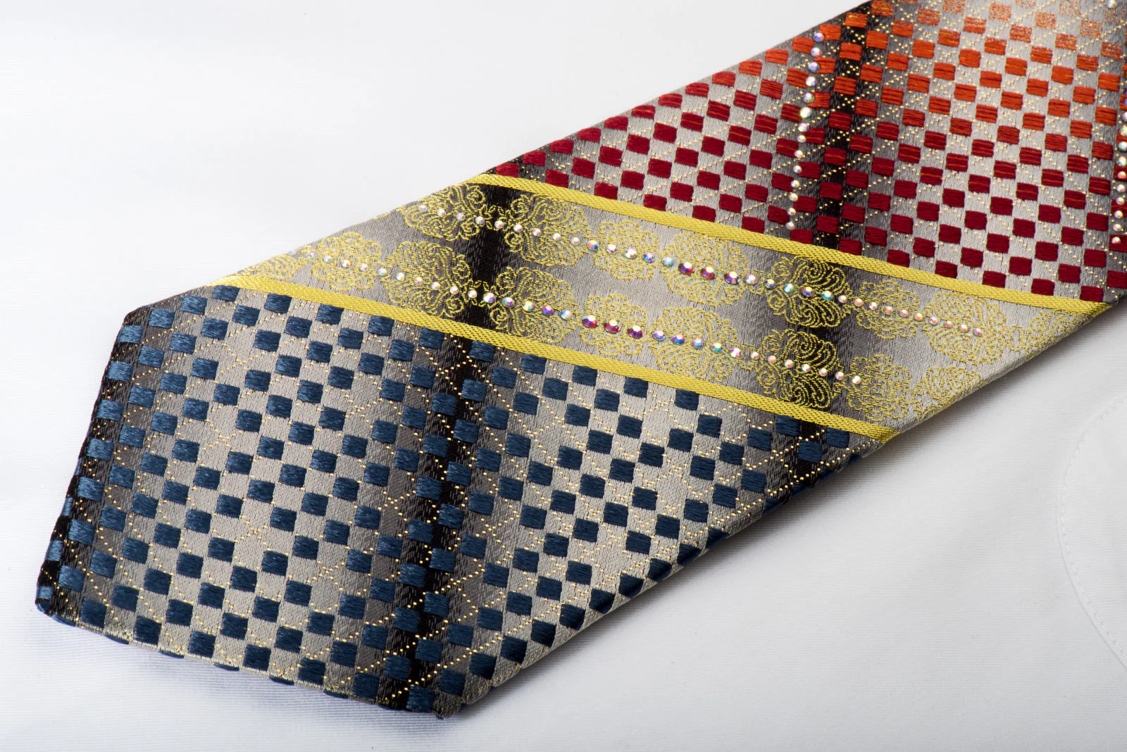 Roberta di Camerino Rhinestone Silk Necktie Red Blue Checked On Silver With Gold Sparkles - Image 2