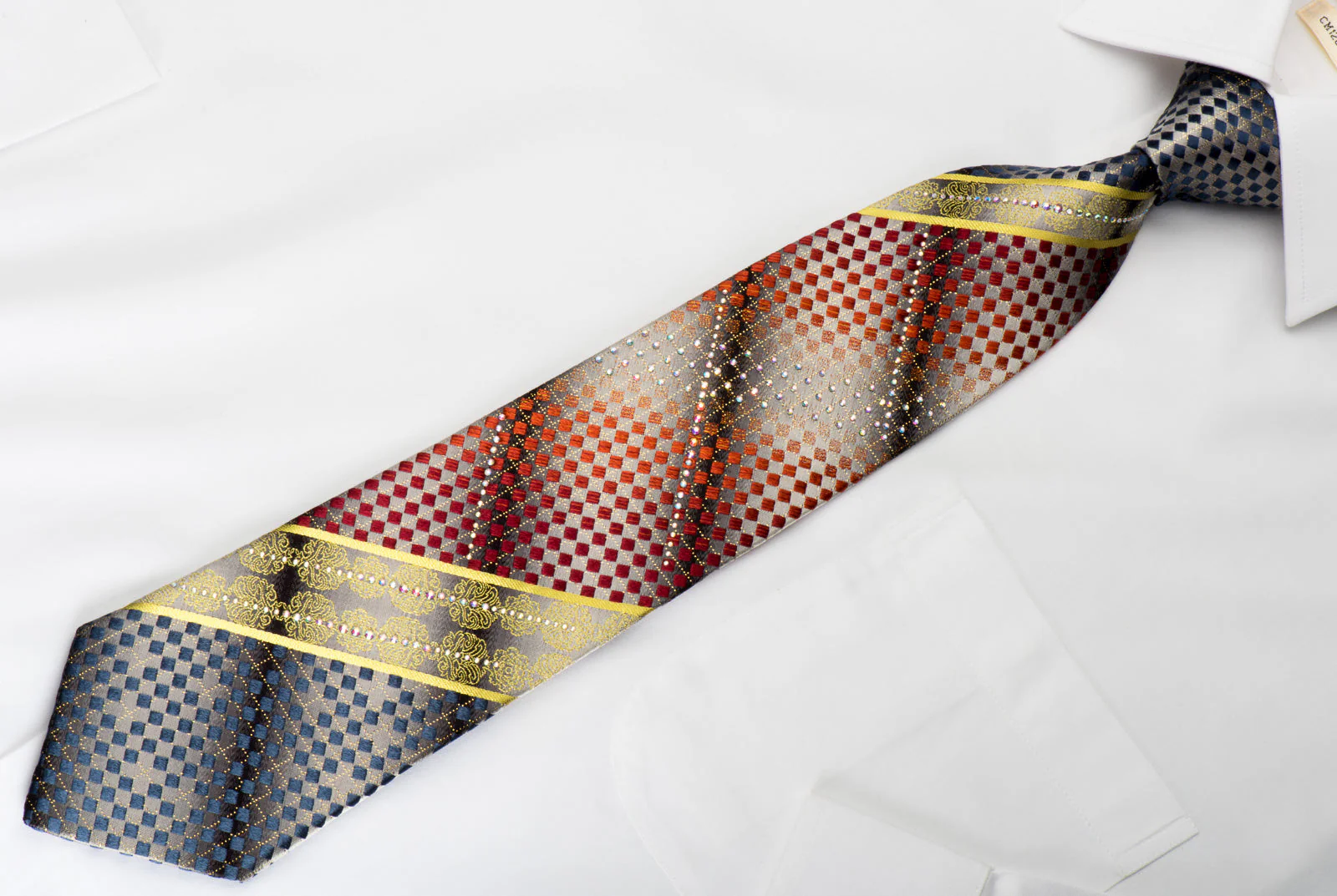 Roberta di Camerino Rhinestone Silk Necktie Red Blue Checked On Silver With Gold Sparkles - Image 3