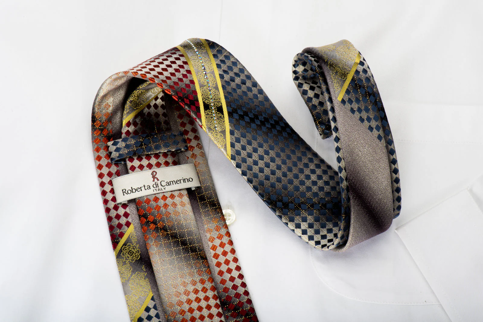Roberta di Camerino Rhinestone Silk Necktie Red Blue Checked On Silver With Gold Sparkles - Image 4