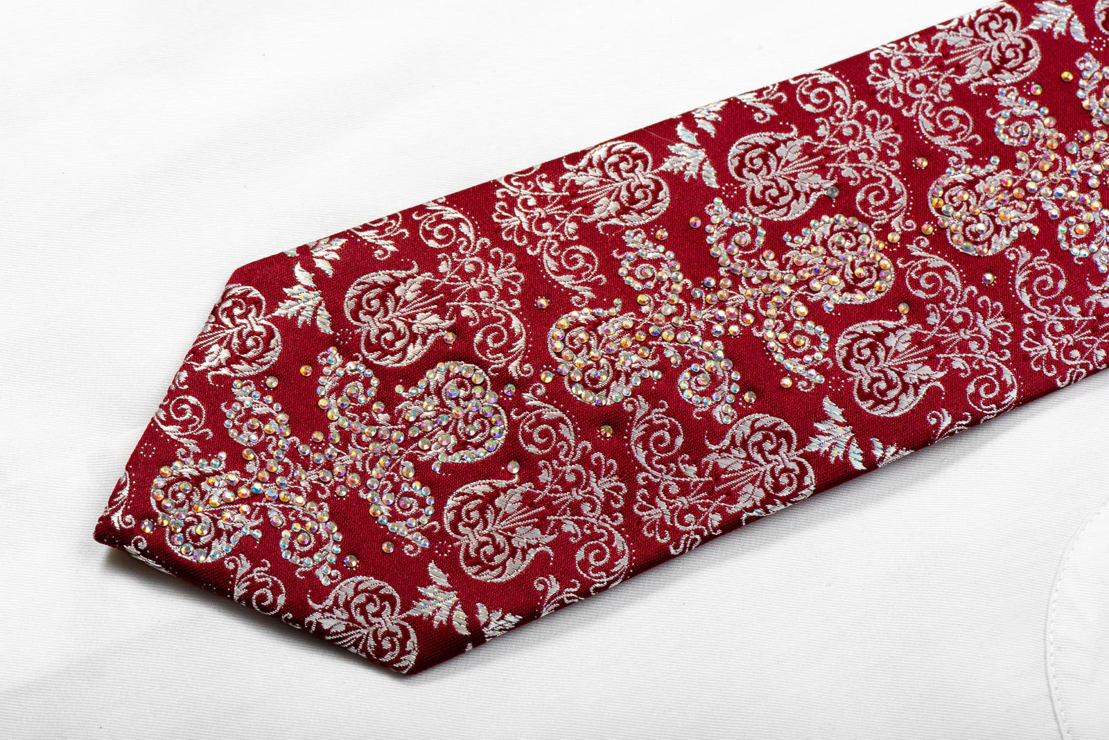 Silver Damask On Burgundy With Sparkles Rhinestone Silk Necktie - Image 3
