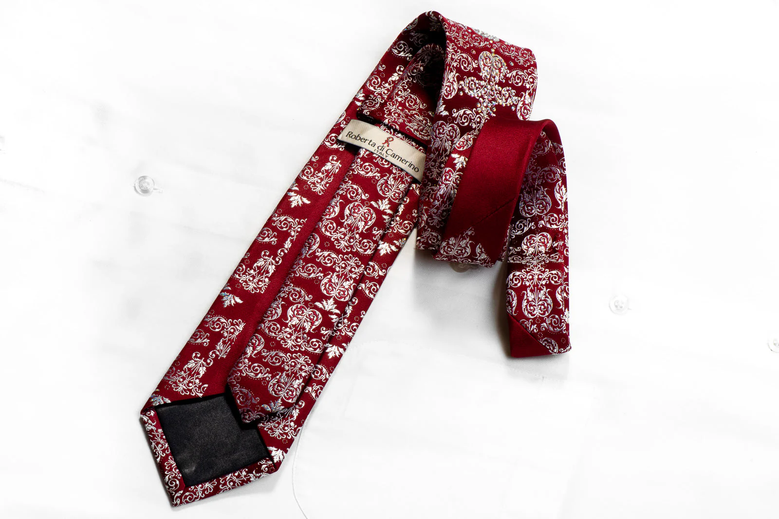 Silver Damask On Burgundy With Sparkles Rhinestone Silk Necktie - Image 5