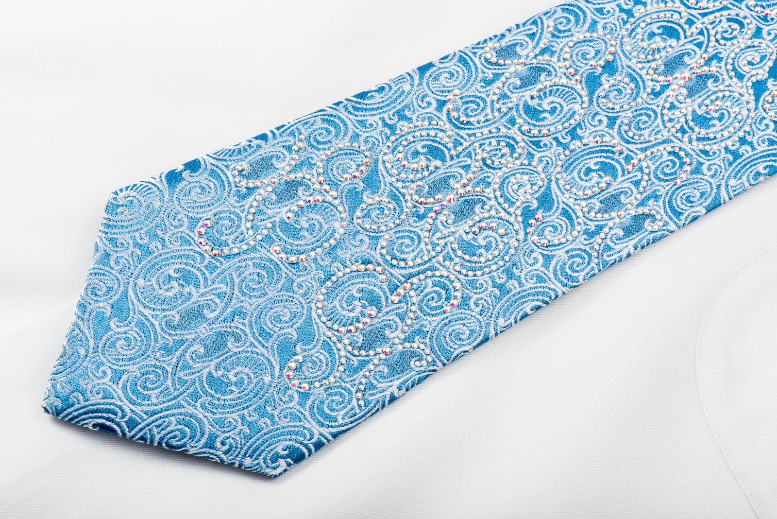 Roberta di Camerino Rhinestone Silk Necktie Silver Filigree On Blue - Image 2