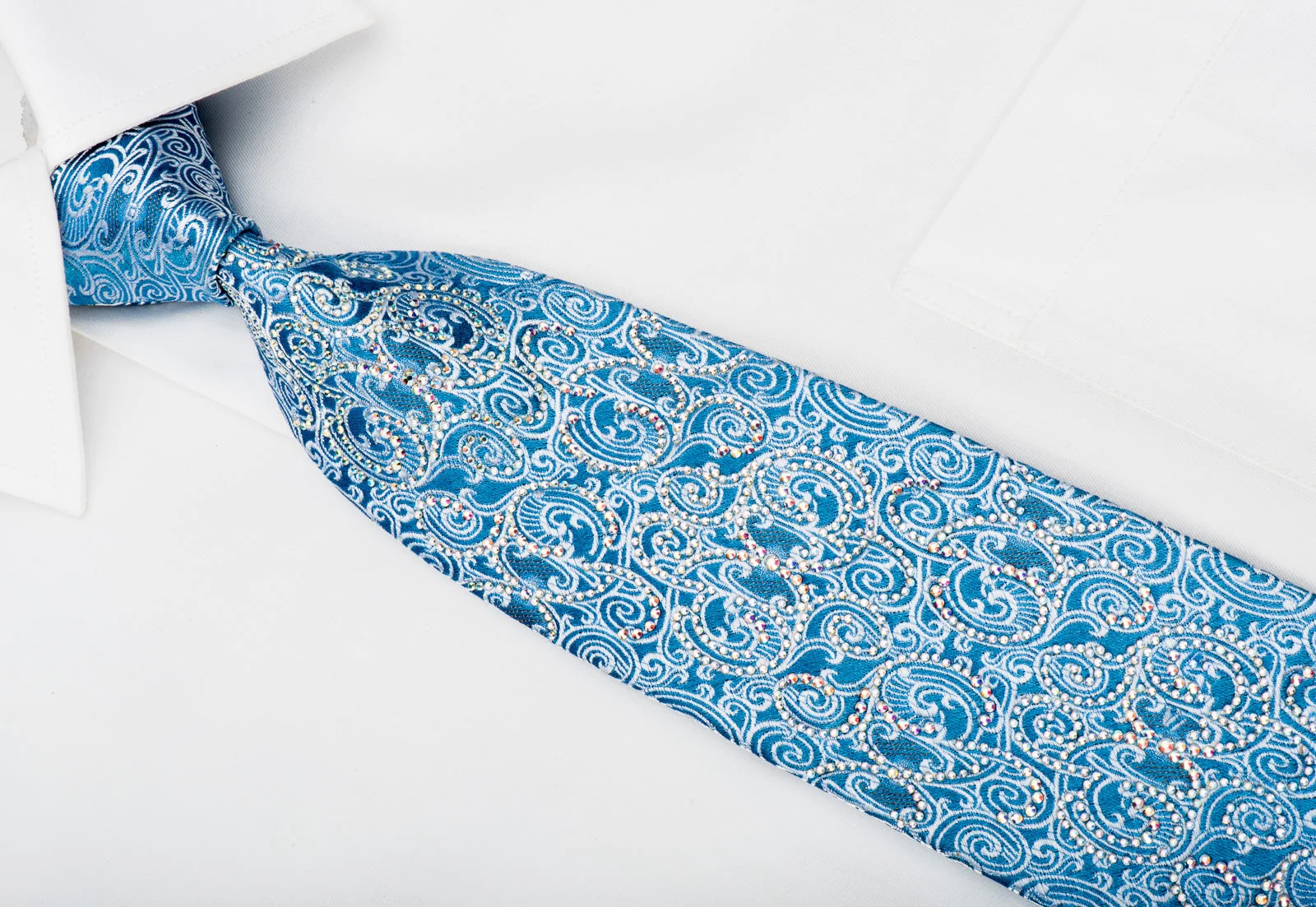 Roberta di Camerino Rhinestone Silk Necktie Silver Filigree On Blue - Image 3