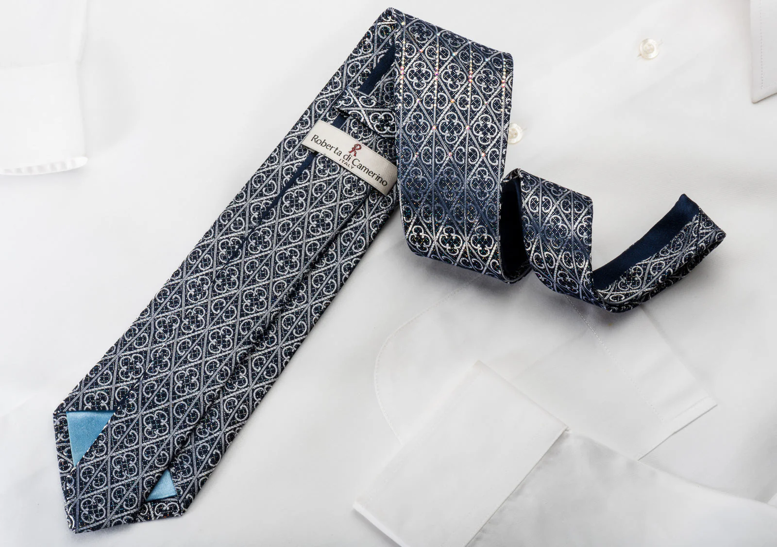 Roberta di Camerino Rhinestone Silk Necktie Silver Trellis On Navy With Silver Sparkles - Image 2