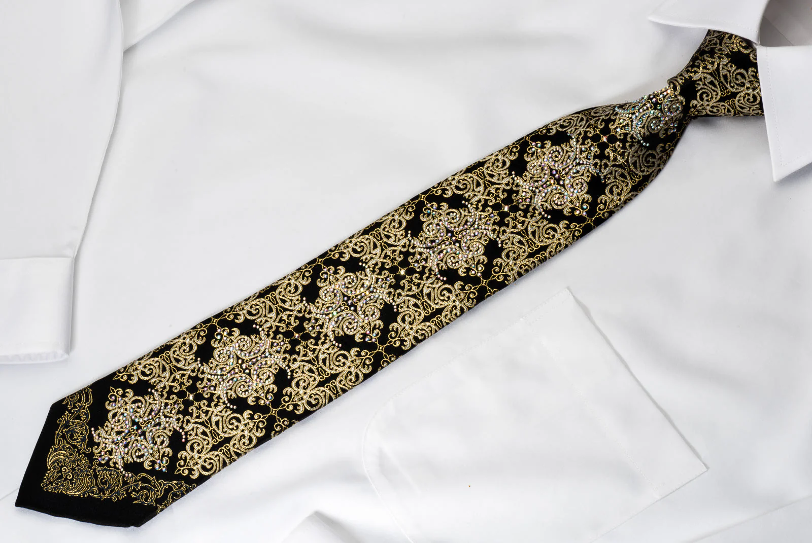 Roberta di Camerino Rhinestone Silk Tie Golden Damask On Black With Golden Sparkles - Image 3