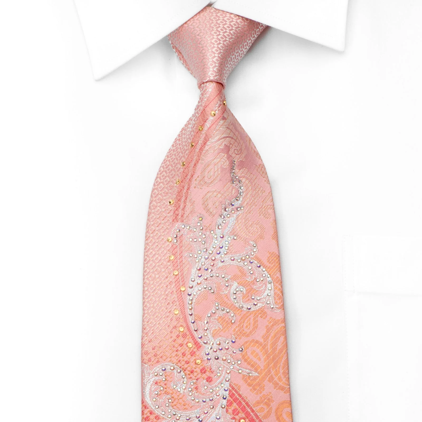 Roberta di Camerino Rhinestone Silk Tie Silver Acanthus On Pink With Sparkles