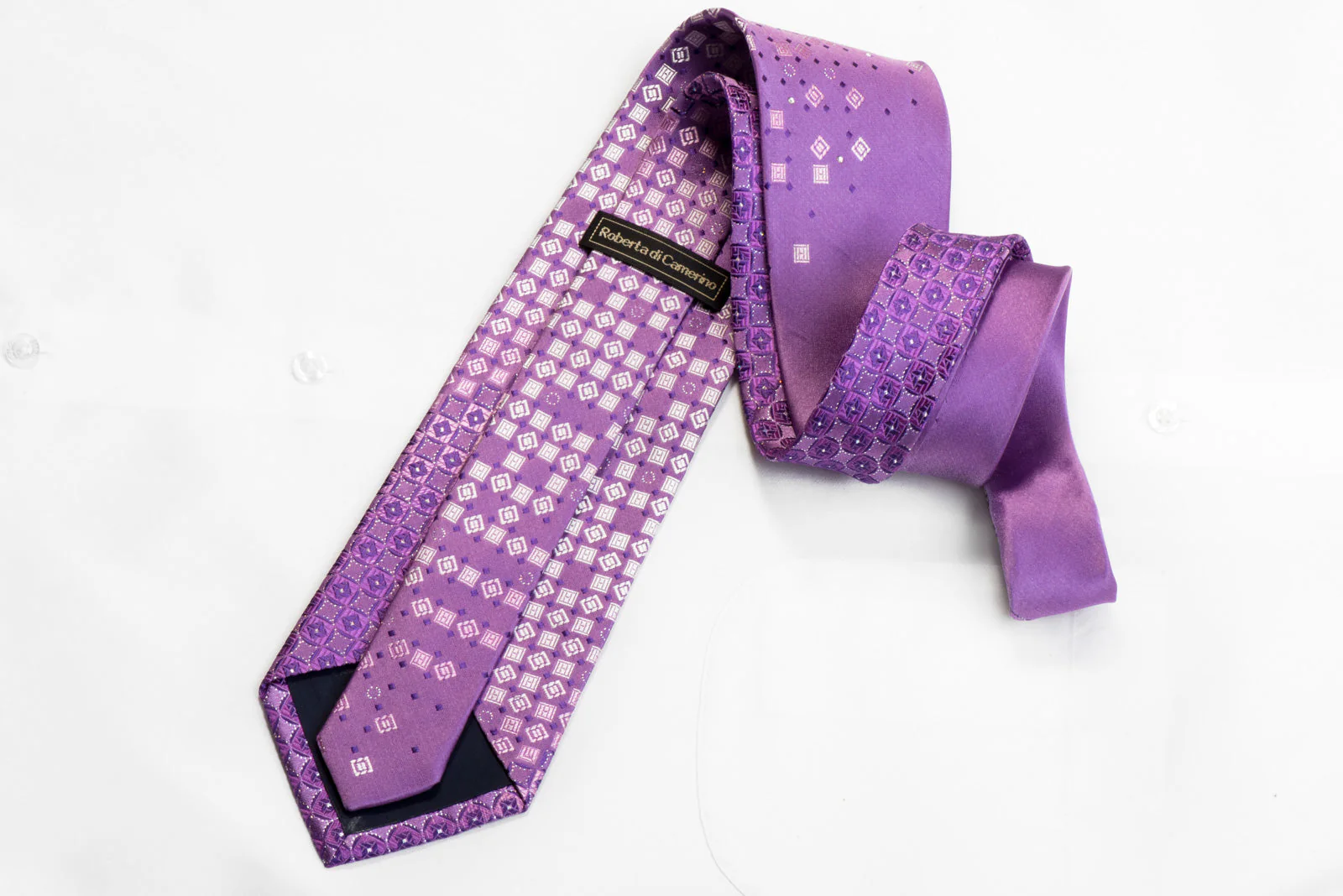 RDC Rhinestone Silk Tie Silver Geometric On Mauve With Silver Sparkles - Image 4