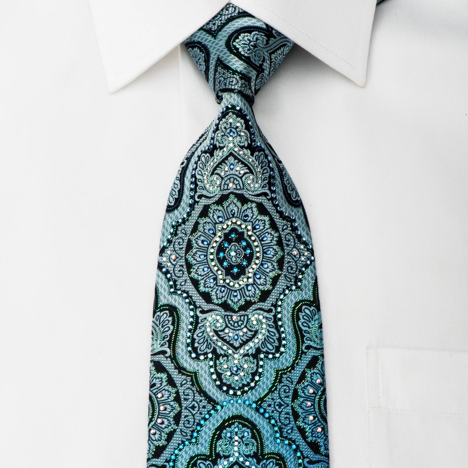Roberta di Camerino Rhinestone Tie Damask On Blue With Silver Sparkles