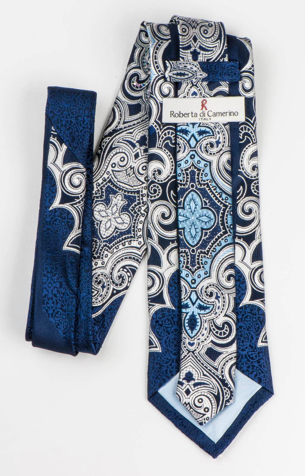 Roberta di Camerino Rhinestone Tie Silver Damask On Navy Blue Silk 3 1/4 Inch - Image 6