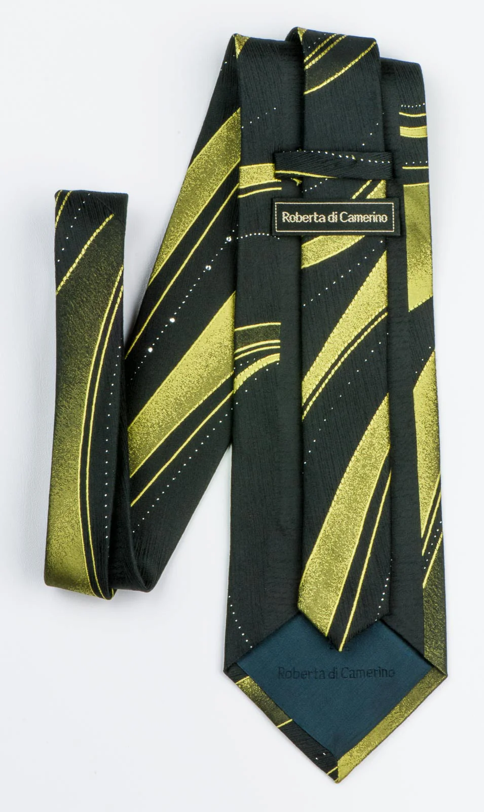Roberta di Camerino Silk Neck Tie Yellow Waves On Black With Rhinestones - Image 5