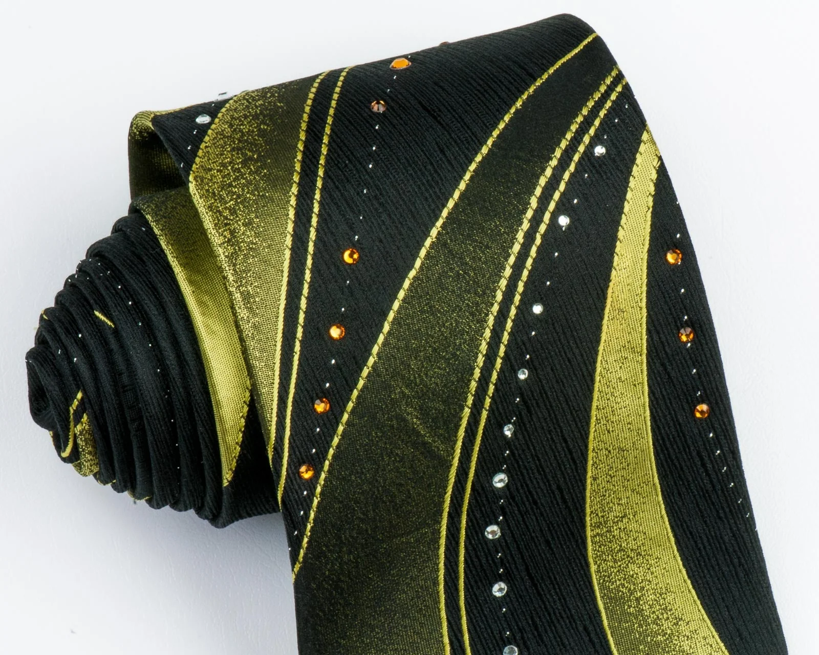 Roberta di Camerino Silk Neck Tie Yellow Waves On Black With Rhinestones - Image 7