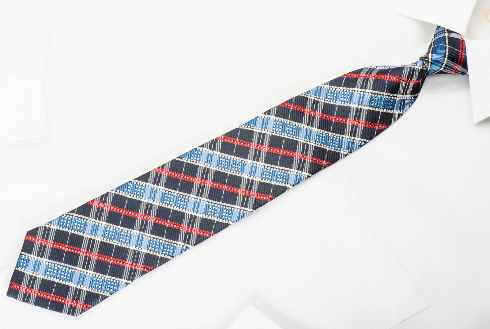 Roberta di Camerino Silk Necktie Red Blue Plaids On Navy With Rhinestones - Image 2