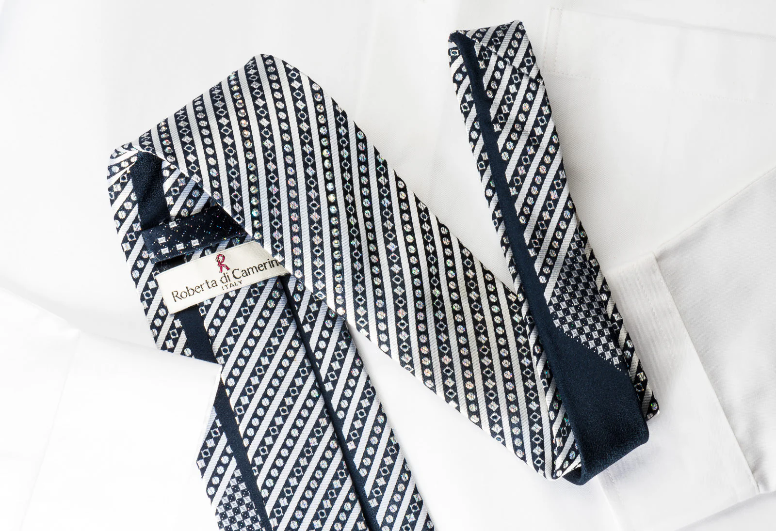 Roberta di Camerino Silk Rhinestone Tie Silver Stripes On Navy Blue With Silver Sparkles - Image 6
