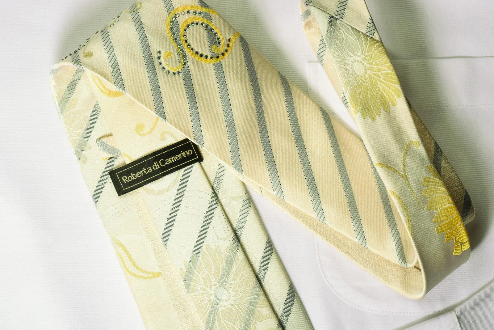 Roberta di Camerino Silk Rhinestone Tie Stripes & Floral On Cream - Image 2