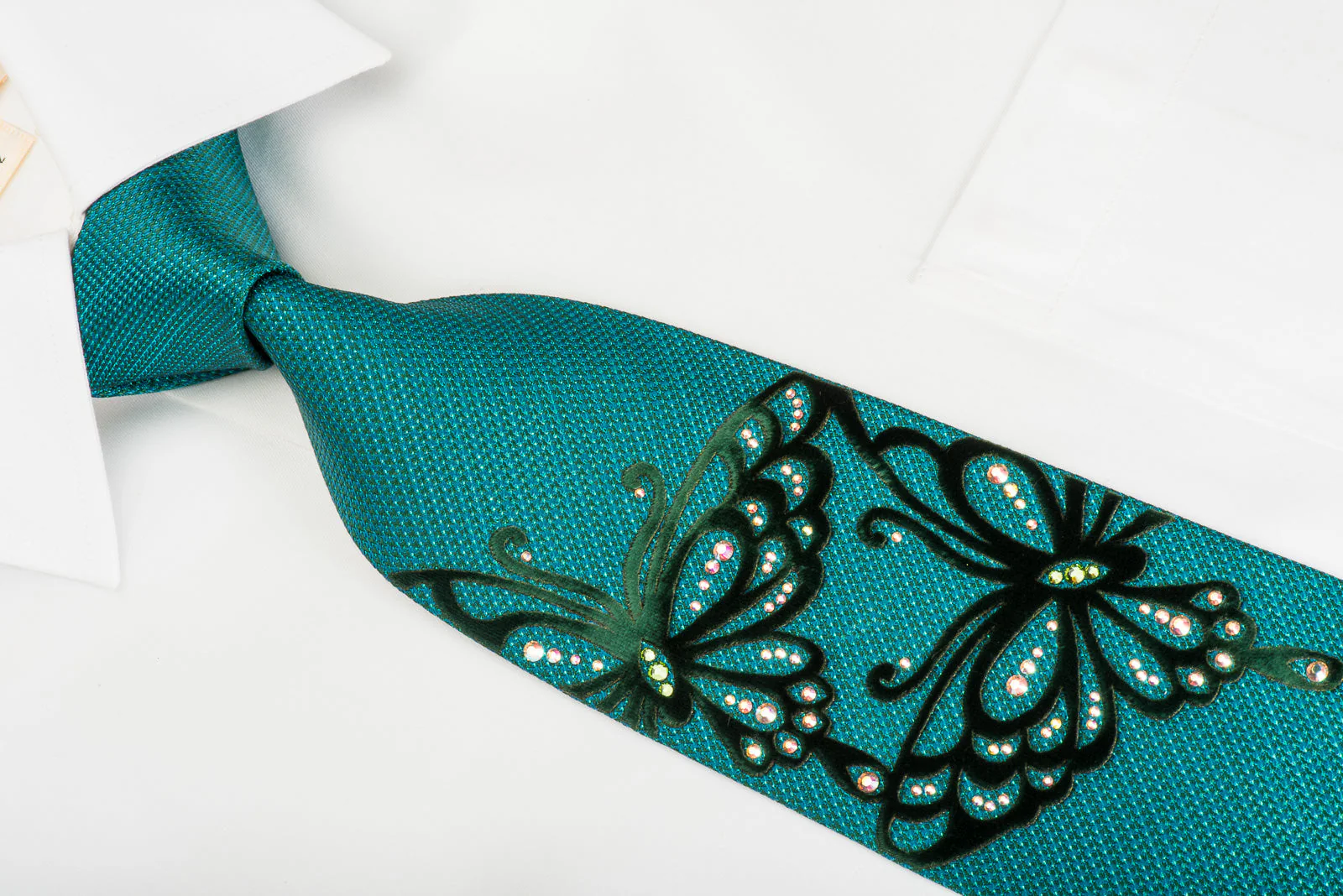Roberta di Camerino Silk Tie Butterflies On Teal With Rhinestones - Image 3