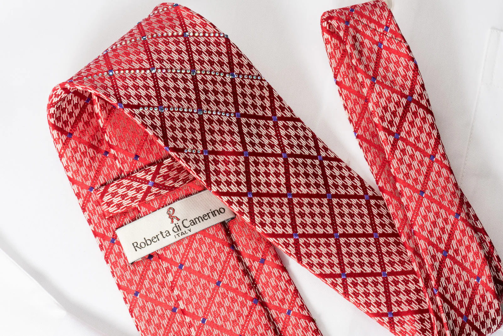 Roberta di Camerino Silk Tie Checker On Red With Silver Sparkles - Image 4