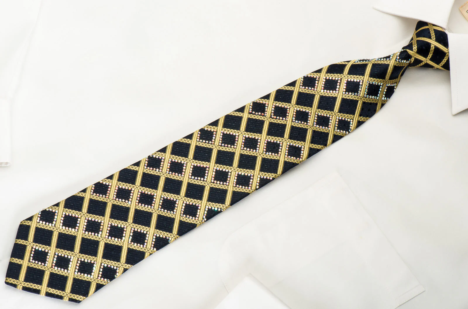 Roberta di Camerino Silk Tie Gold Check On Black With Rhinestone & Micro Sparkles - Image 3