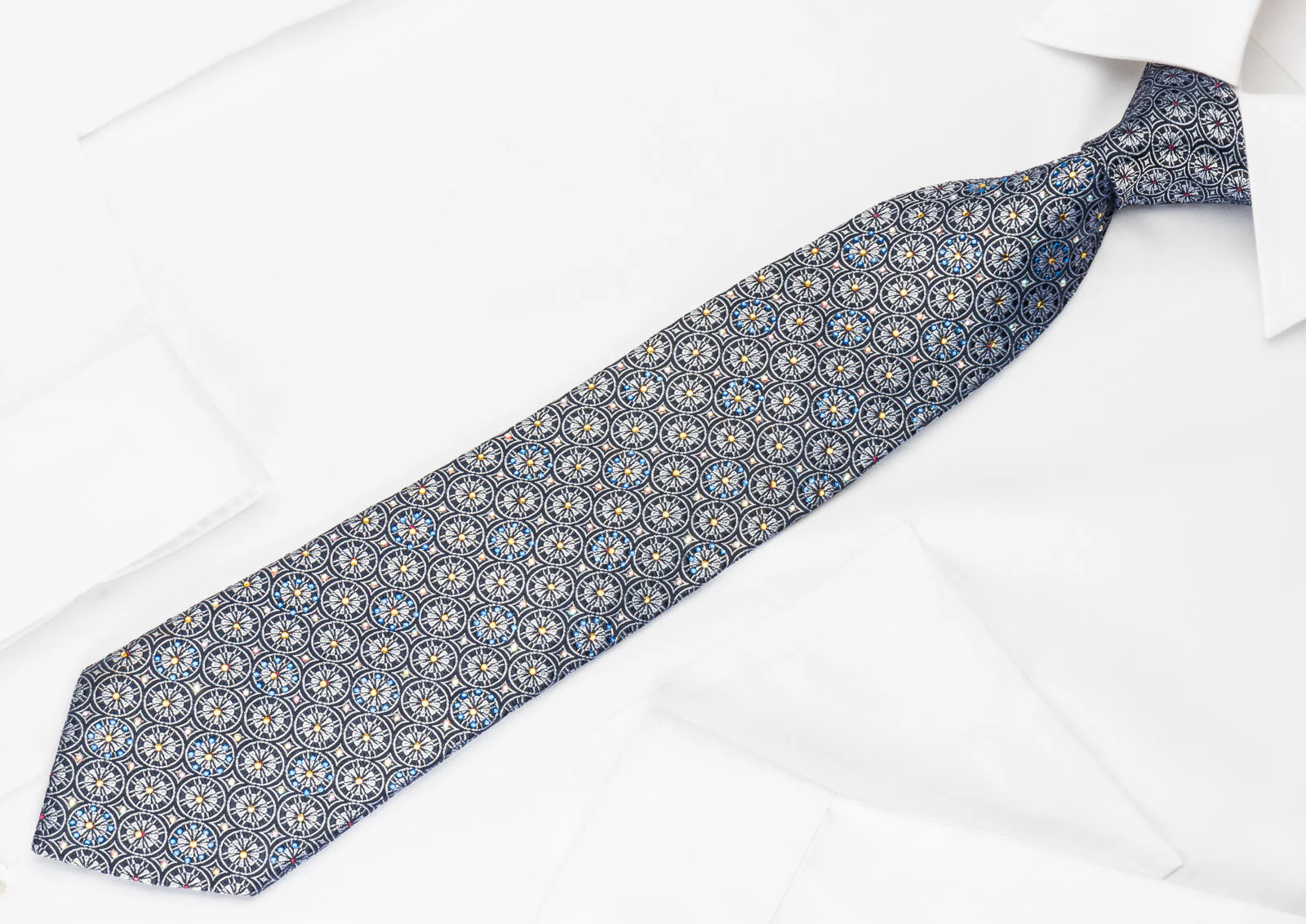 Roberta di Camerino Silk Tie Silver Medallions On Blue With Rhinestones - Image 4