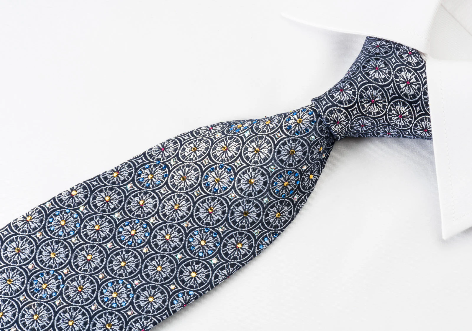 Roberta di Camerino Silk Tie Silver Medallions On Blue With Rhinestones - Image 6