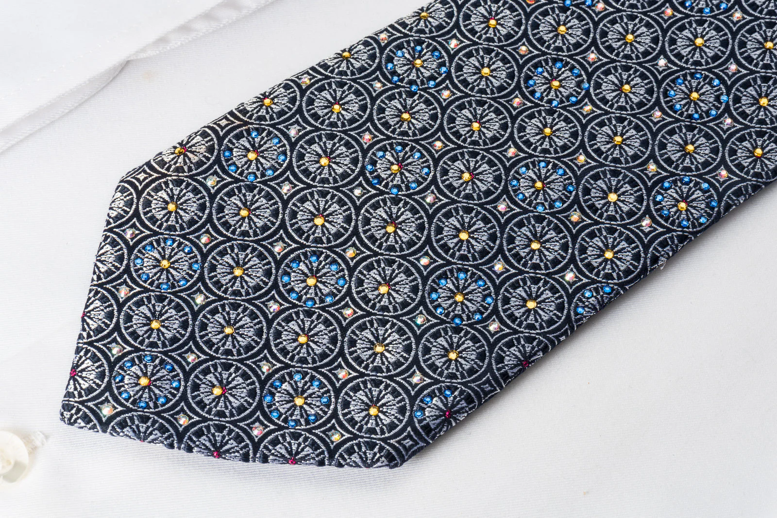 Roberta di Camerino Silk Tie Silver Medallions On Blue With Rhinestones - Image 7