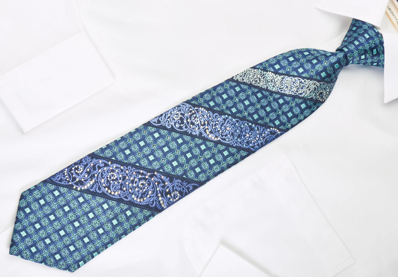 Turquoise Lattice Filigree On Blue Silk Tie With Rhinestones - Image 4