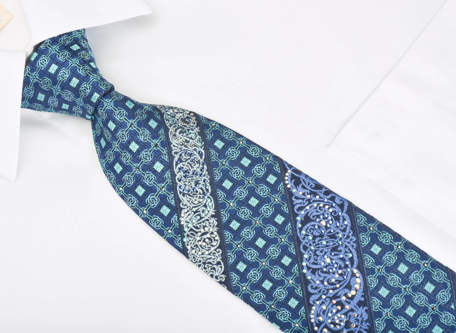 Turquoise Lattice Filigree On Blue Silk Tie With Rhinestones - Image 5