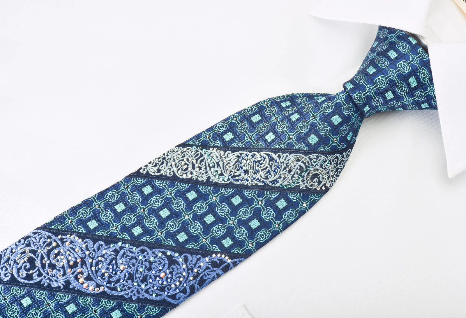 Turquoise Lattice Filigree On Blue Silk Tie With Rhinestones - Image 6
