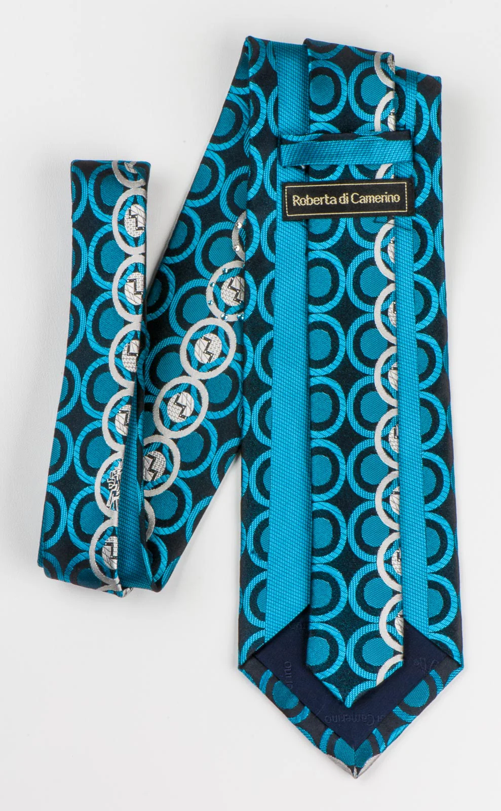 Roberta di Camerino Tie Silver Turquoise Circles On Navy Blue With Rhinestones - Image 2