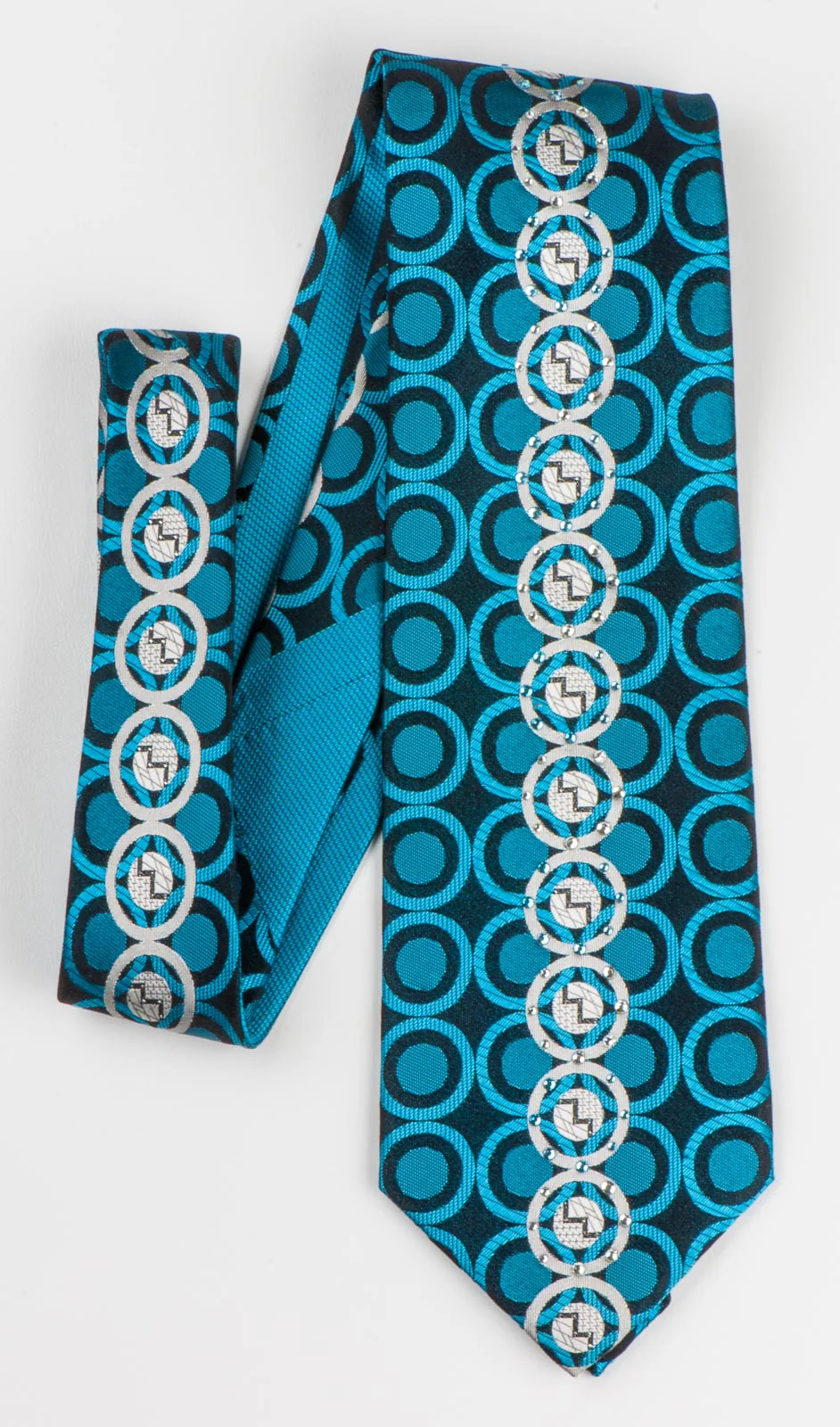 Roberta di Camerino Tie Silver Turquoise Circles On Navy Blue With Rhinestones - Image 5