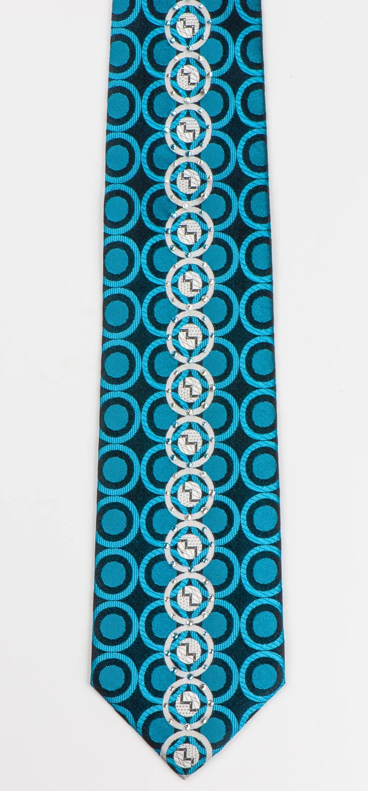 Roberta di Camerino Tie Silver Turquoise Circles On Navy Blue With Rhinestones - Image 6