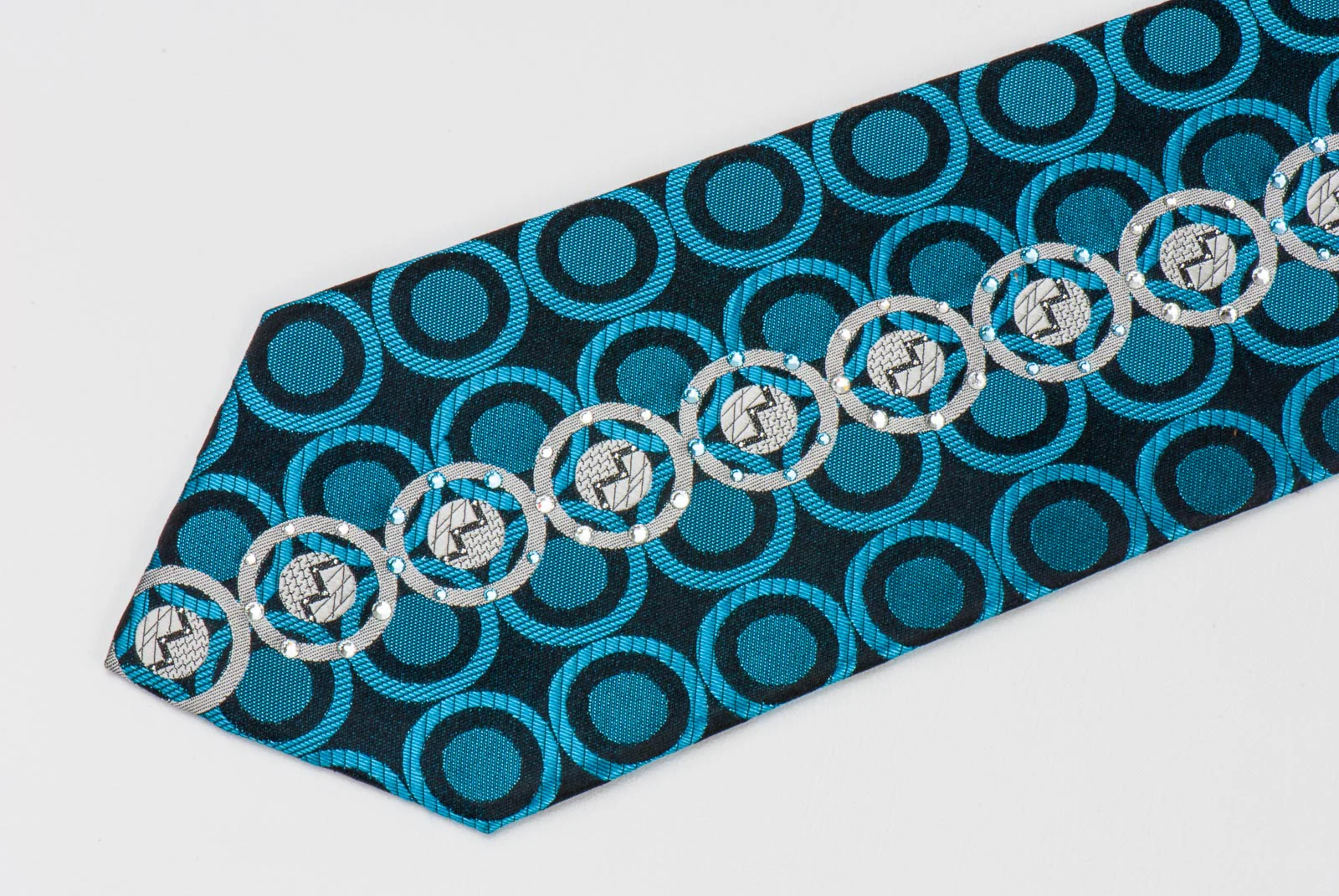 Roberta di Camerino Tie Silver Turquoise Circles On Navy Blue With Rhinestones - Image 7