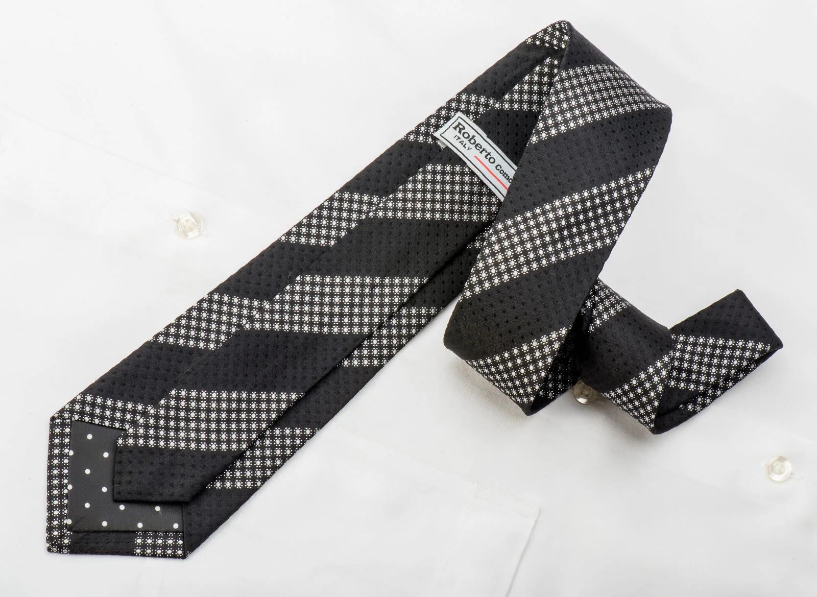 Roberto Comocino Men's Silk Skinny Tie Silver Dot Stripes On Black With Silver Sparkles - Image 4