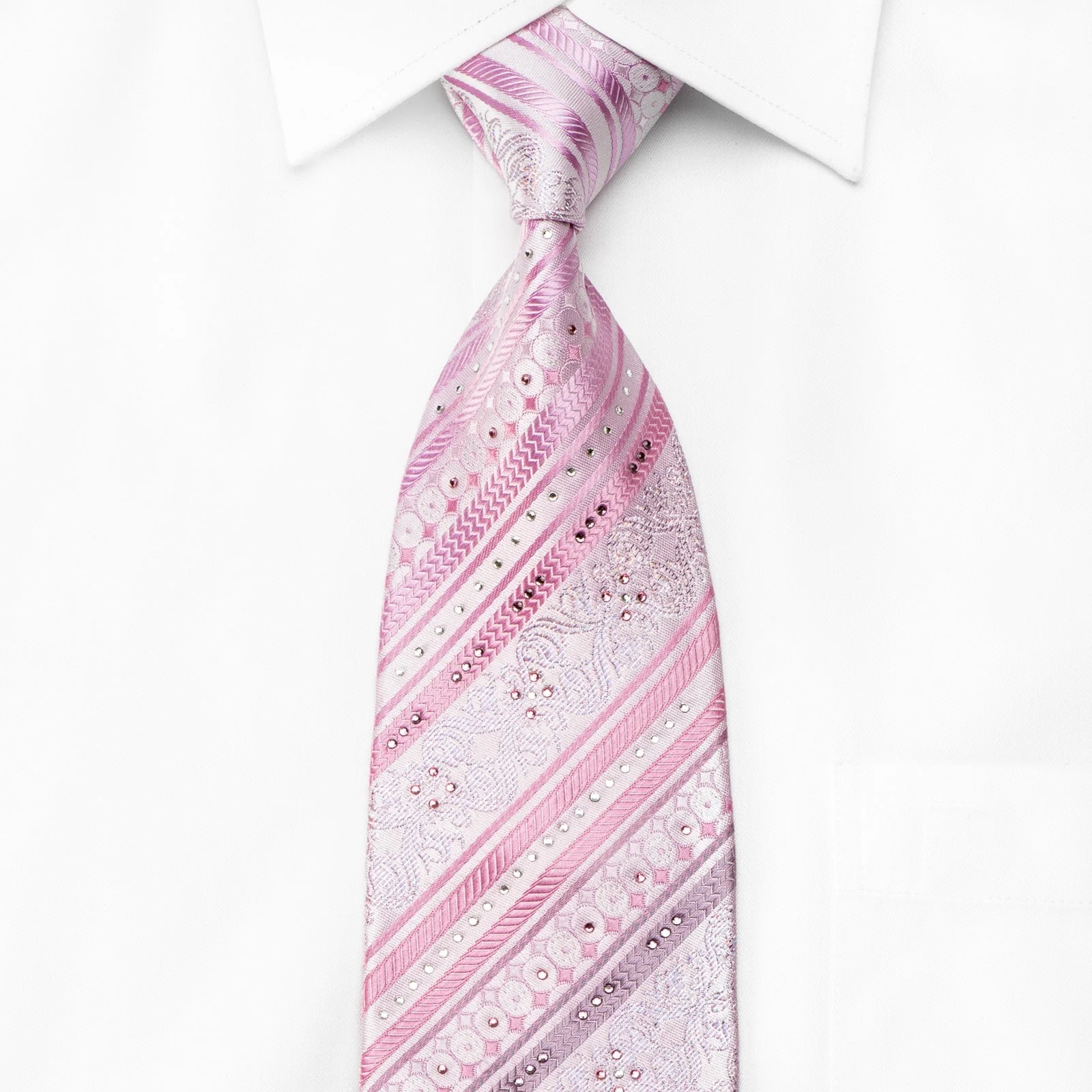 Rogatis Men's Crystal Rhinestone Necktie Striped On Pink Silk With Sparkles