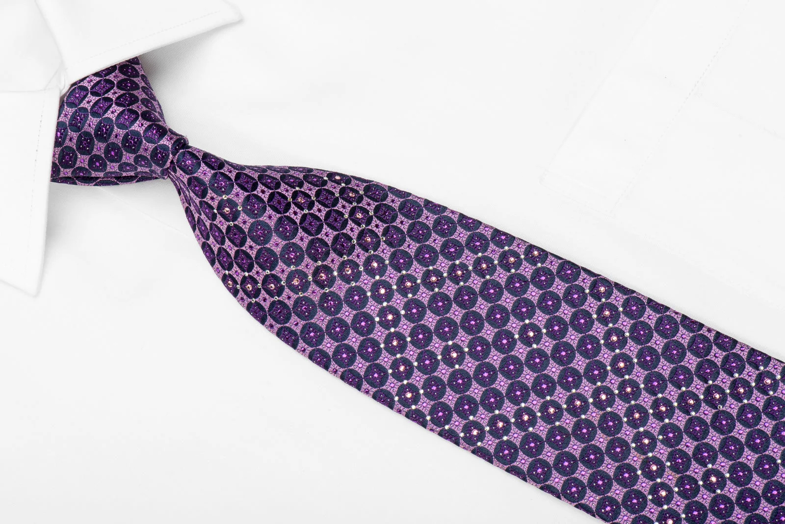 Rogatis Men's Crystal Rhinestone Silk Necktie Purple Geometric With Sparkles - Image 4